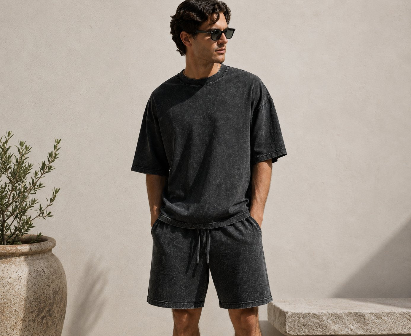 Complete Wardrobe Bundle — model wearing acid washed tee and waffle shorts